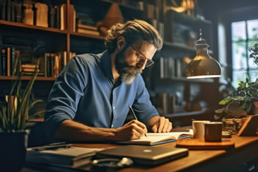 Male Student Preparing for Real Estate Exam Prep with Night cafe Background while in on his laptop - NightBeforeTheExam.com for Comprehensive Real Estate Study